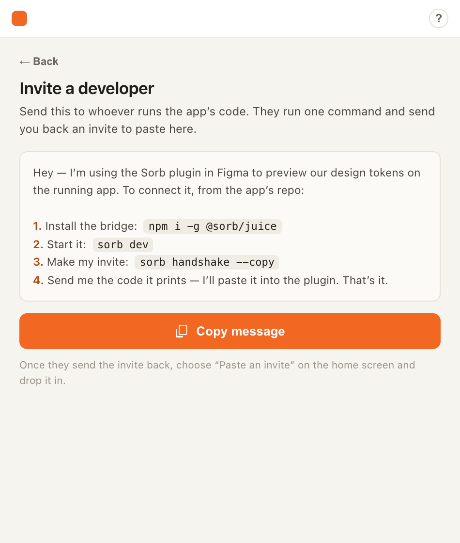 Pasting a handshake invite into the Sorb plugin