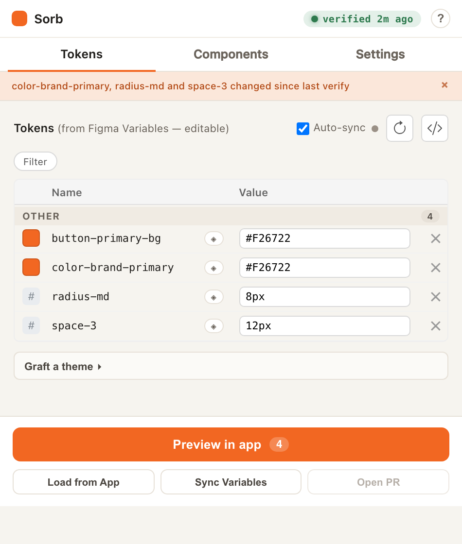 Editing a token value in the Sorb plugin